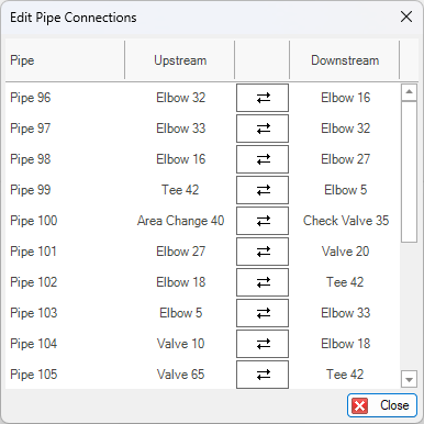 The Edit Pipe Connections window controls reference pipe direction.